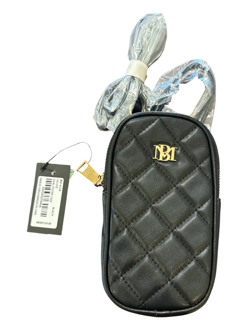 Badgley Mischka Quilted Black Crossbody Phone Bag with Gold Logo